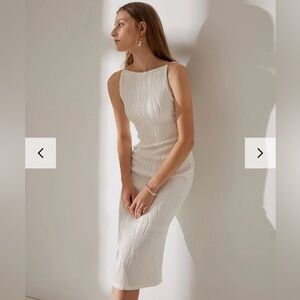 Boat Neck White Textured midi dress